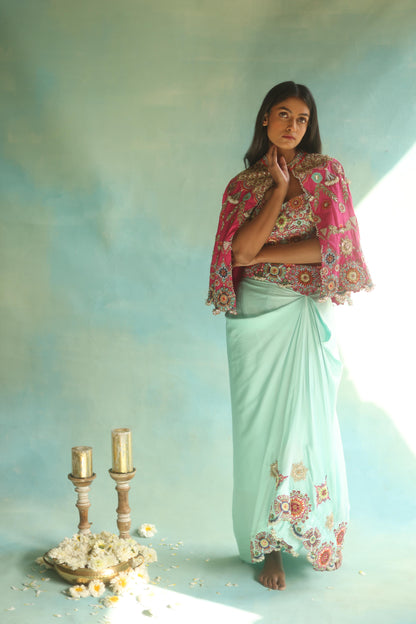 Fuchsia Floral Cape and Aquamarine Dhoti Set