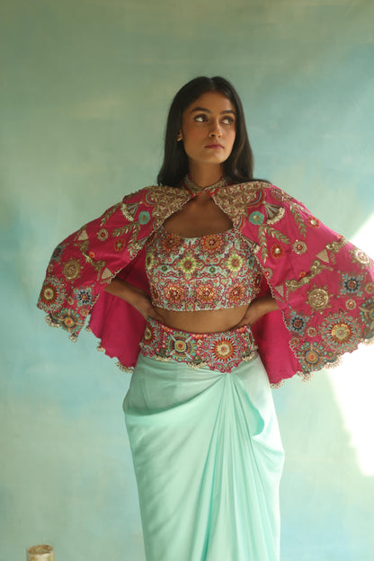 Fuchsia Floral Cape and Aquamarine Dhoti Set
