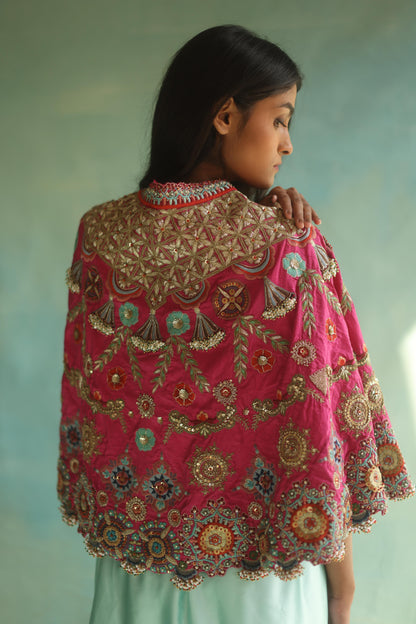 Fuchsia Floral Cape and Aquamarine Dhoti Set