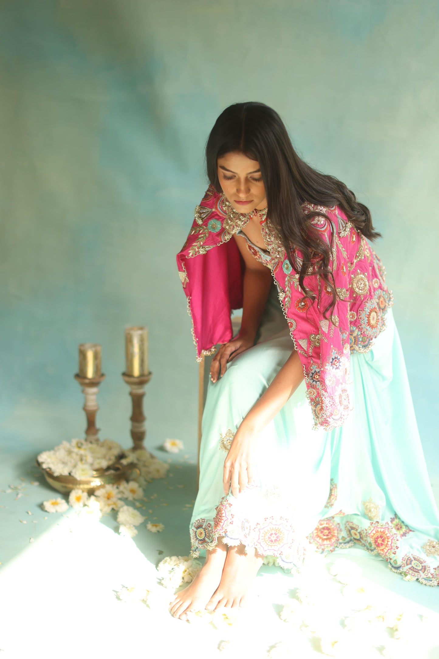 Fuchsia Floral Cape and Aquamarine Dhoti Set