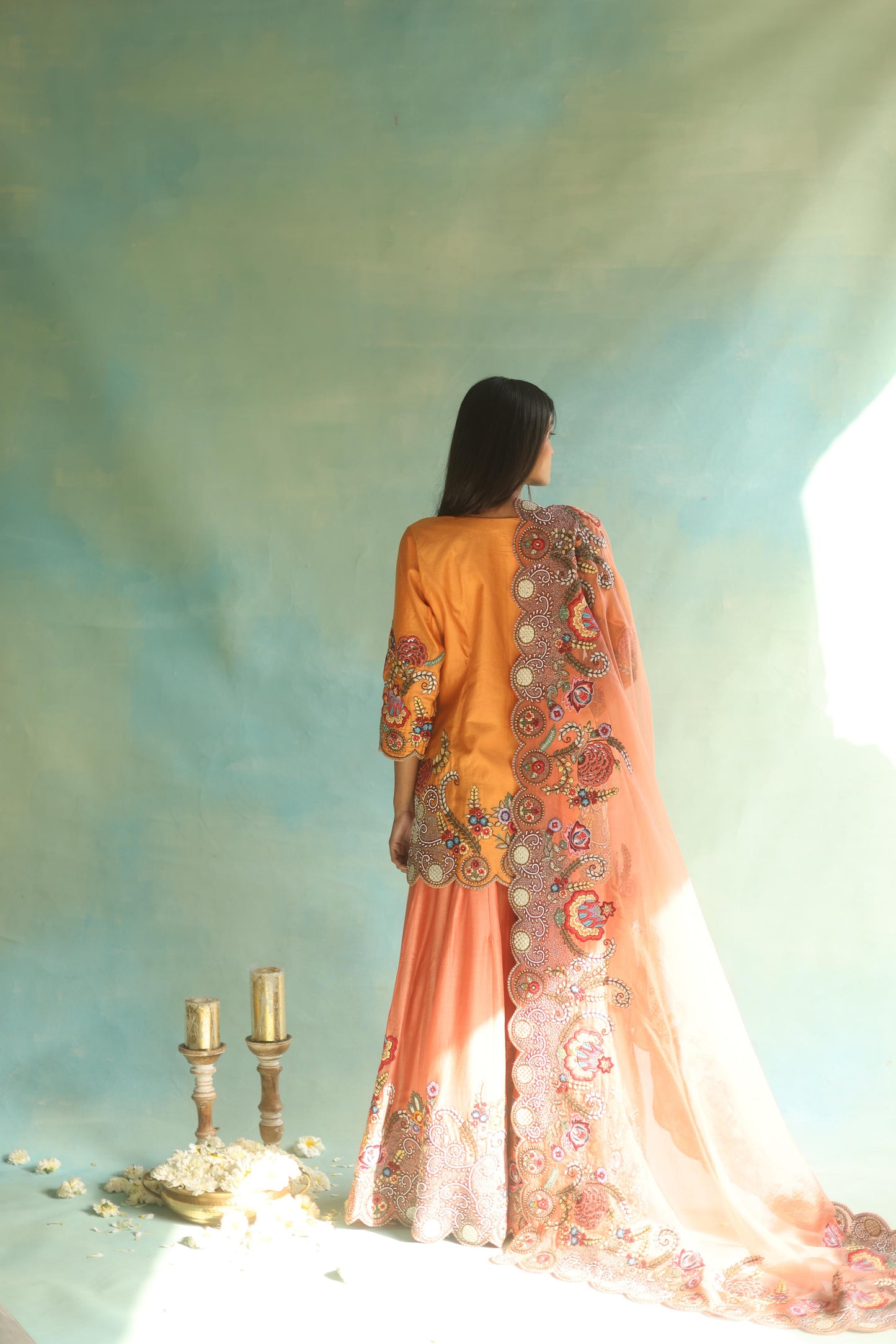 Tangerine Floral Kurta and Sharara Pants Set
