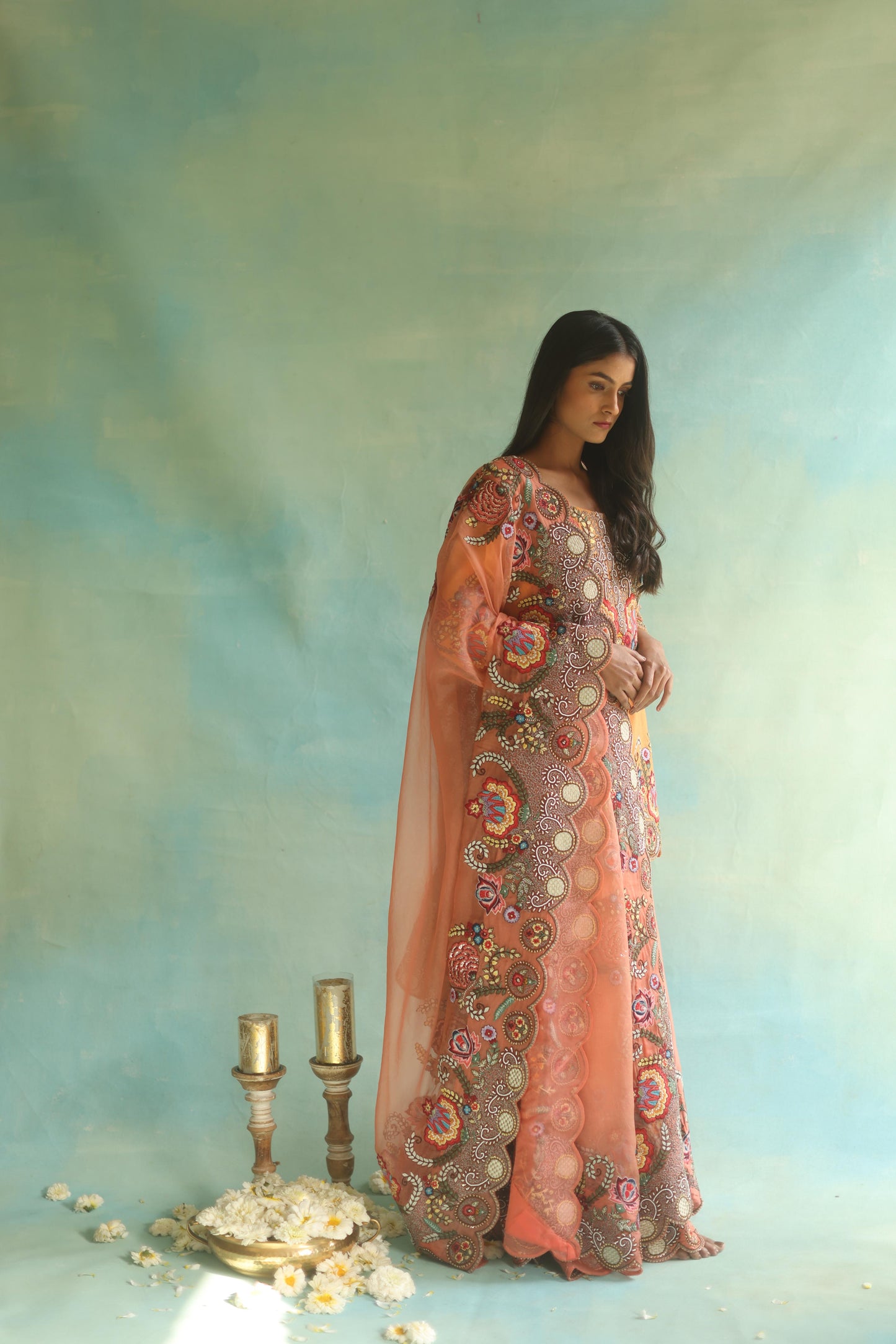 Tangerine Floral Kurta and Sharara Pants Set
