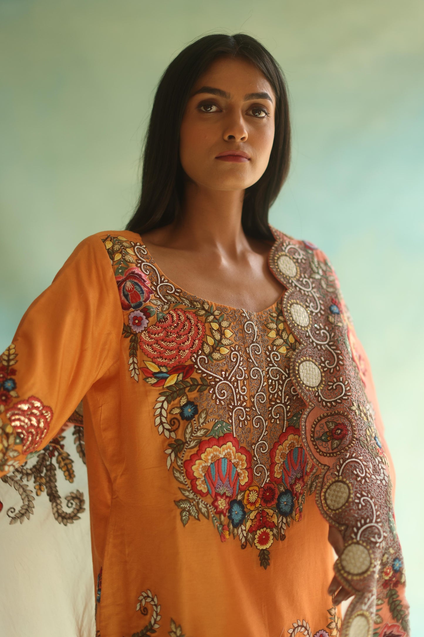 Tangerine Floral Kurta and Sharara Pants Set