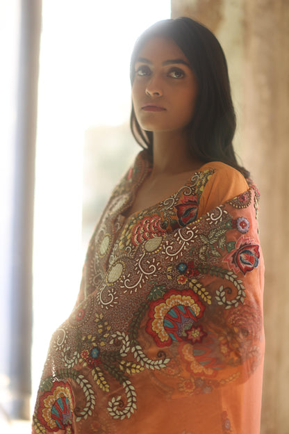 Tangerine Floral Kurta and Sharara Pants Set