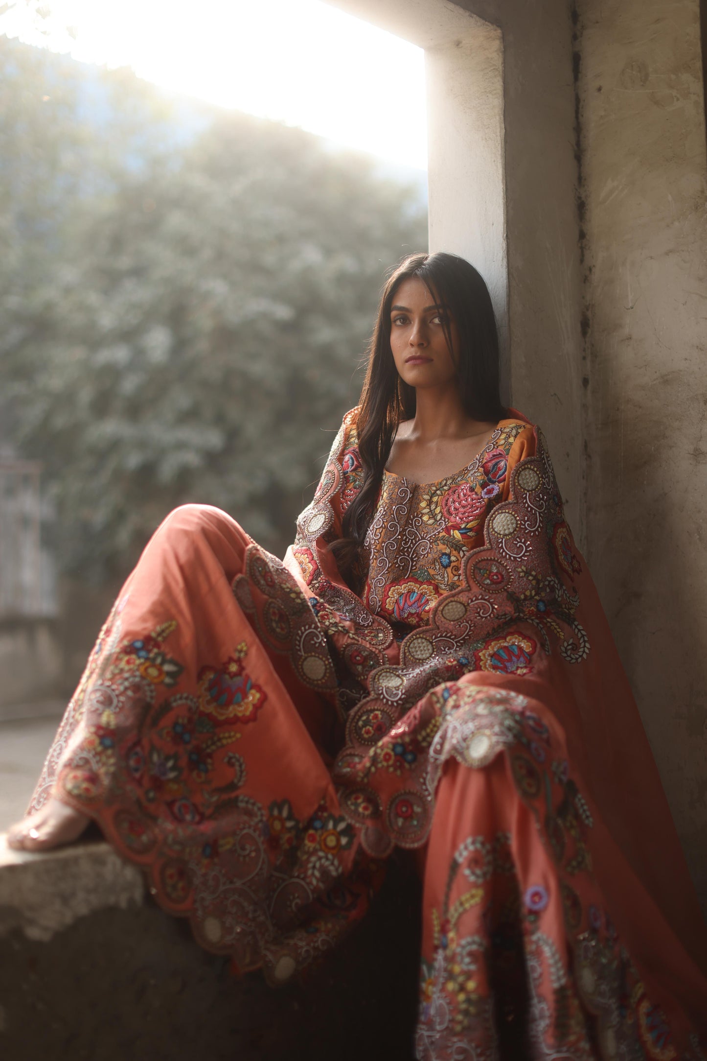 Tangerine Floral Kurta and Sharara Pants Set