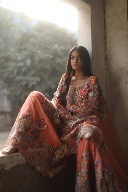 Tangerine Floral Kurta and Sharara Pants Set