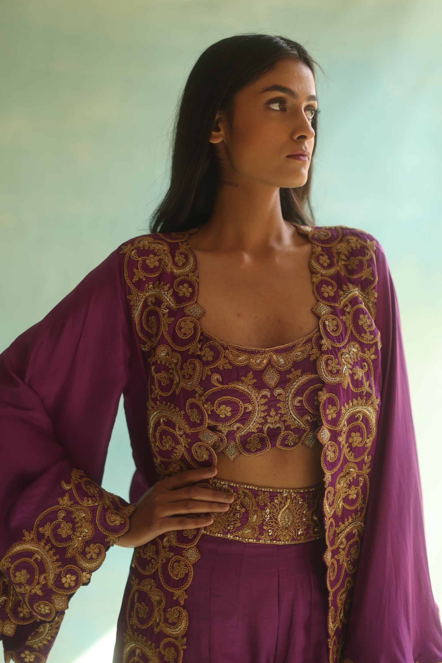 Purple Paisley Cape and Sharara Pants Set
