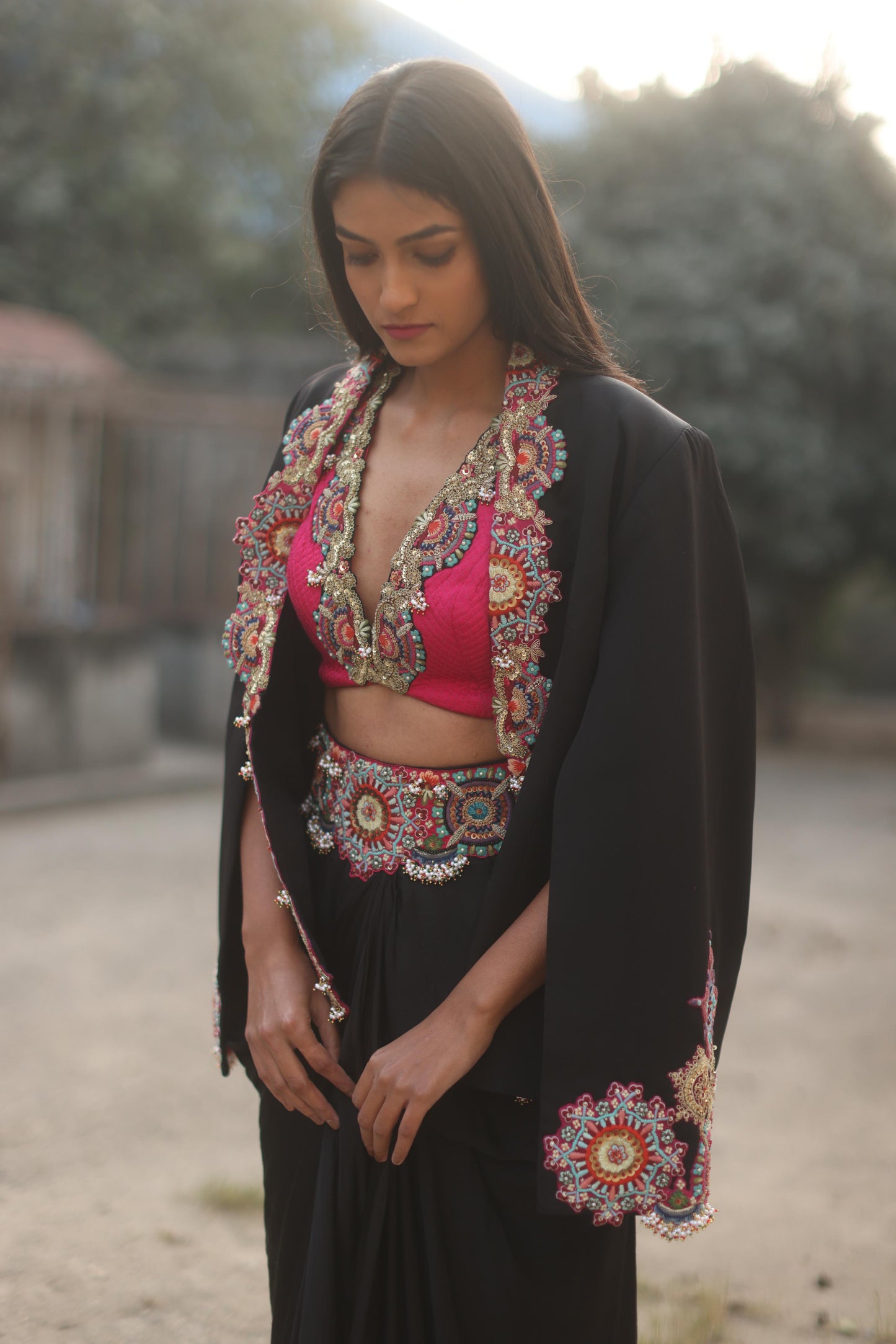 Black Cape and Dhoti Skirt Set