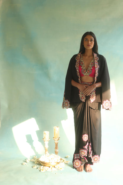 Black Cape and Dhoti Skirt Set