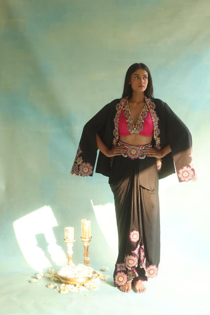 Black Cape and Dhoti Skirt Set