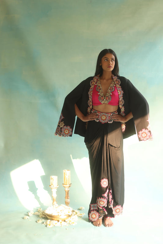 Black Cape and Dhoti Skirt Set