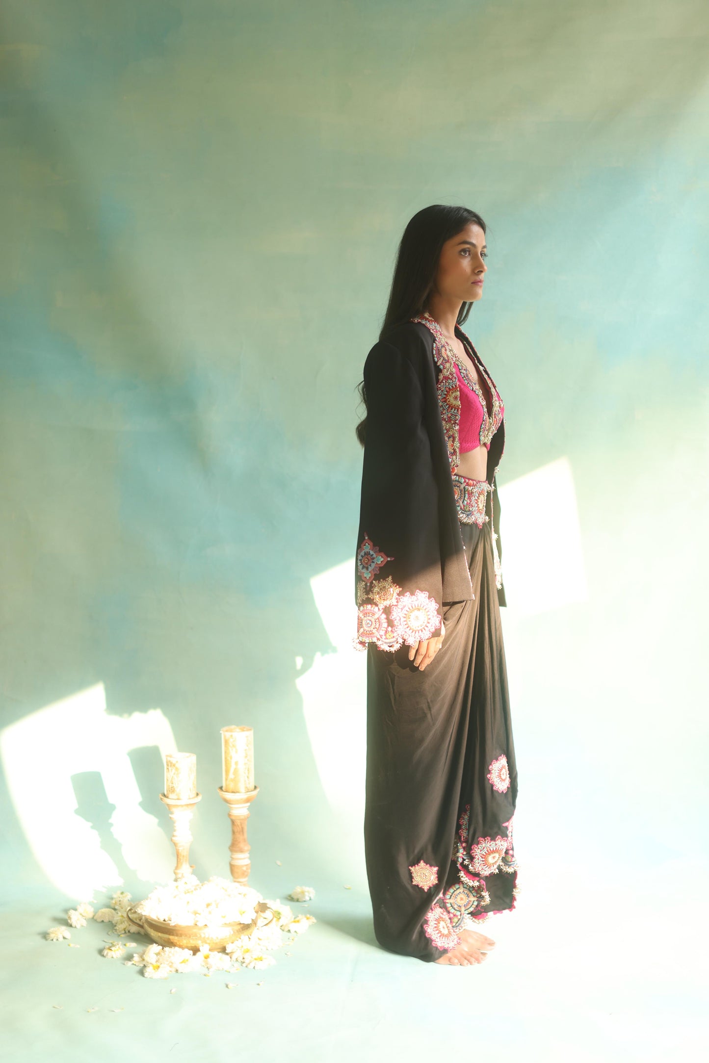 Black Cape and Dhoti Skirt Set