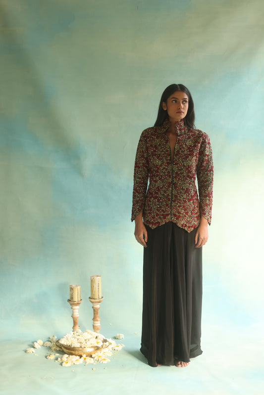 Multi-Color Jaal Jacket and Black Pleated Pants Set