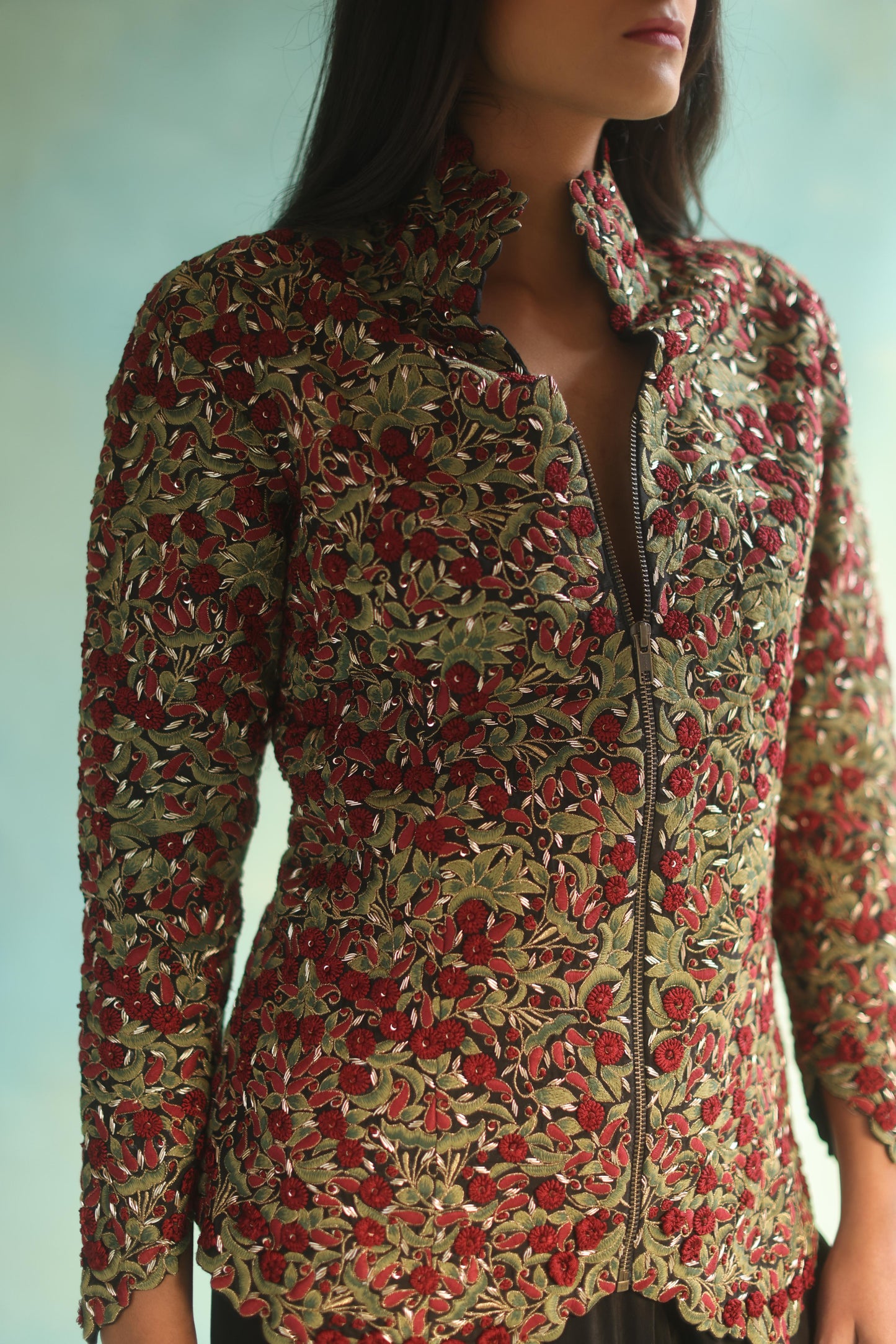 Multi-Color Jaal Jacket and Black Pleated Pants Set