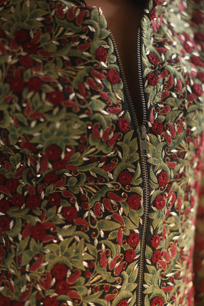 Multi-Color Jaal Jacket and Black Pleated Pants Set