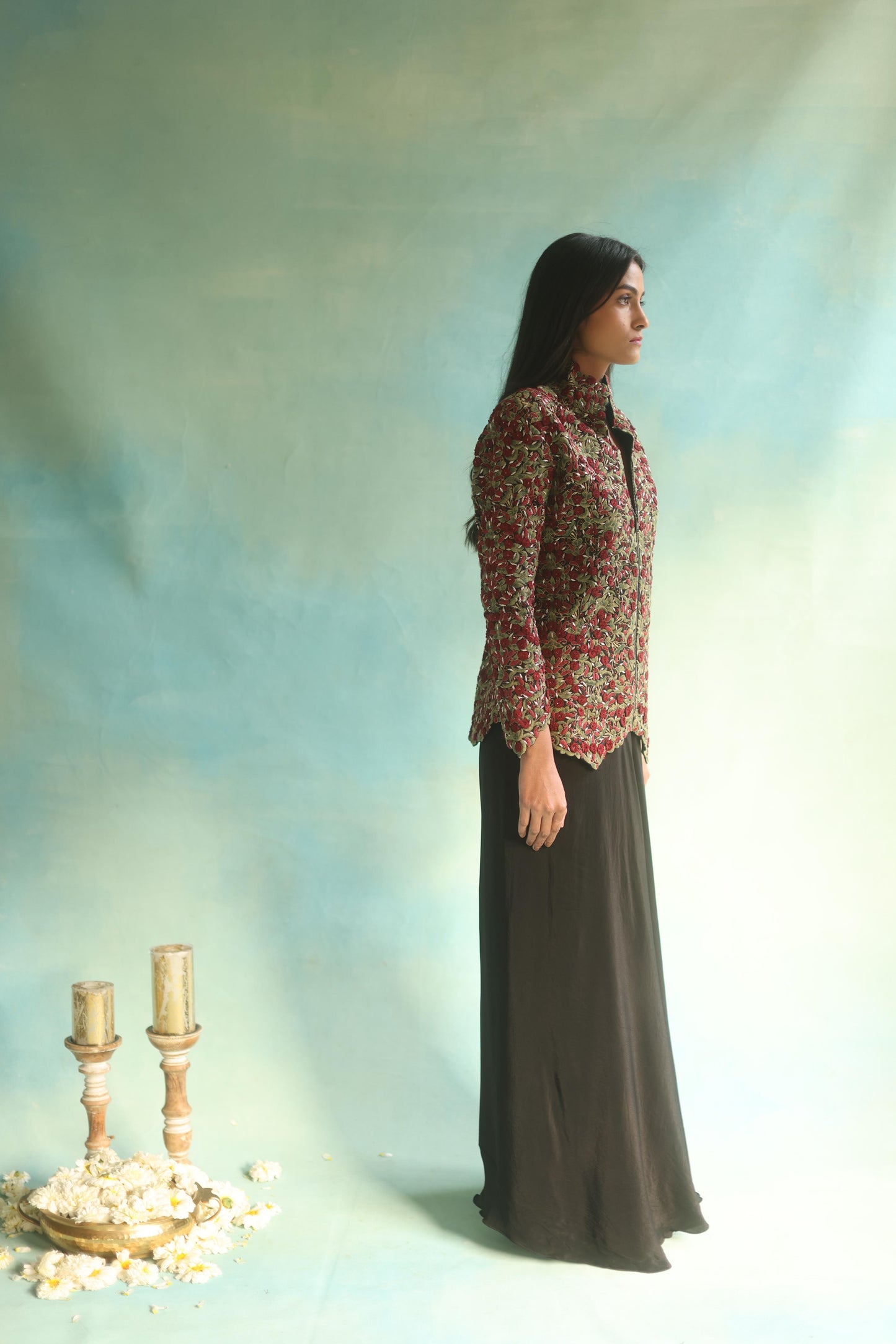 Multi-Color Jaal Jacket and Black Pleated Pants Set