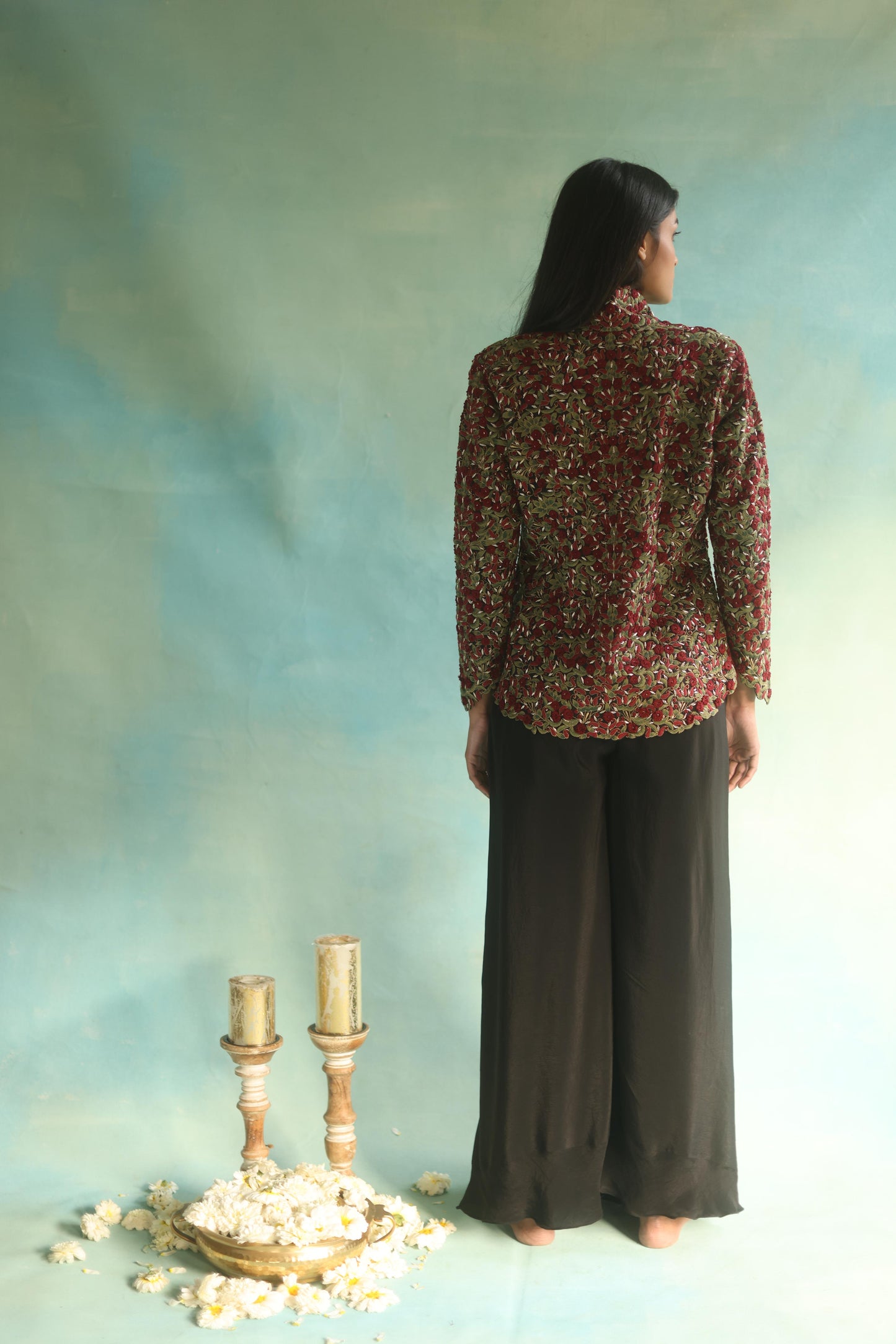 Multi-Color Jaal Jacket and Black Pleated Pants Set
