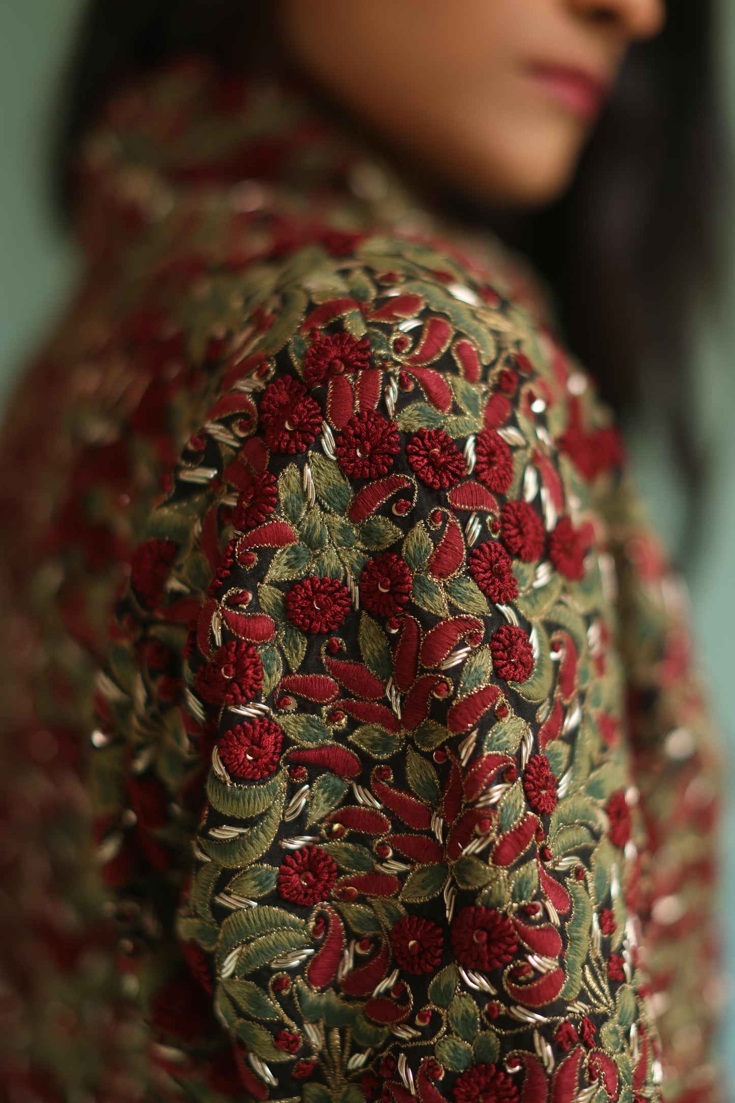 Multi-Color Jaal Jacket and Black Pleated Pants Set