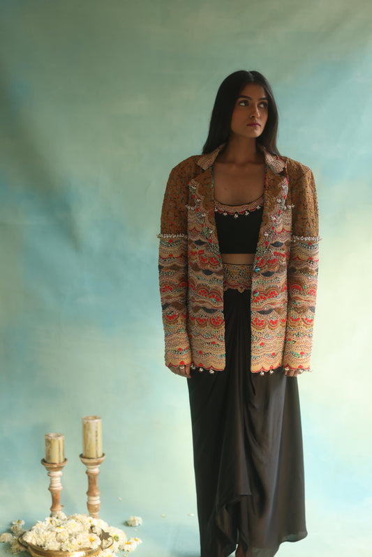 Multi-Colour Blazer and Black Dhoti Skirt Set