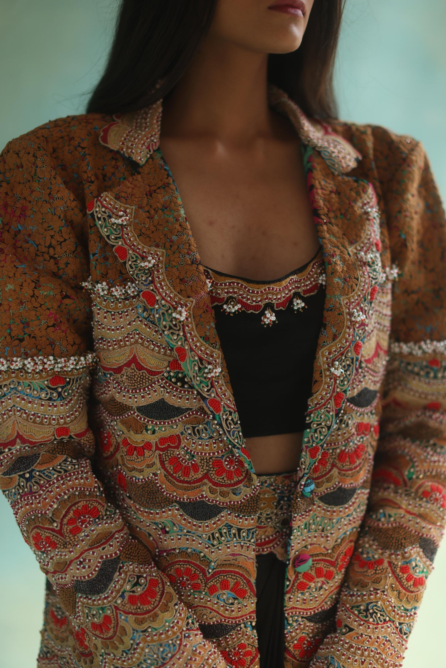 Multi-Colour Blazer and Black Dhoti Skirt Set