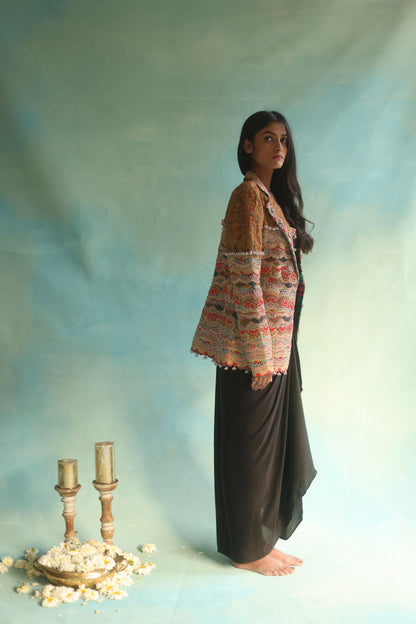 Multi-Colour Blazer and Black Dhoti Skirt Set