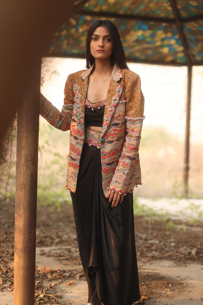 Multi-Colour Blazer and Black Dhoti Skirt Set
