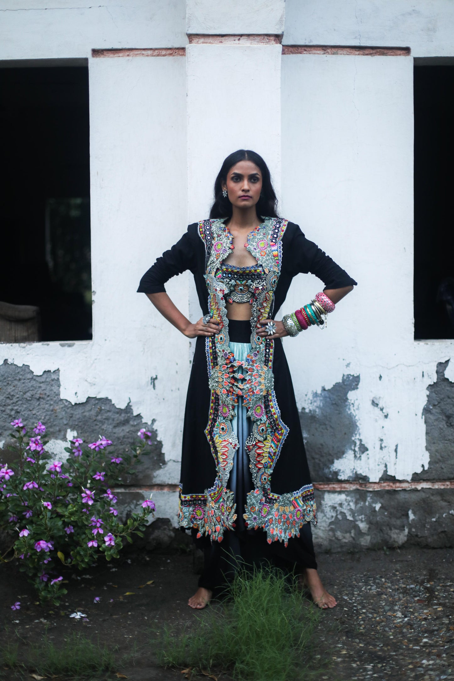 Black Boho Jacket and Ombre Dhoti Skirt Set