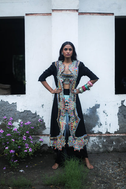 Black Boho Jacket and Ombre Dhoti Skirt Set
