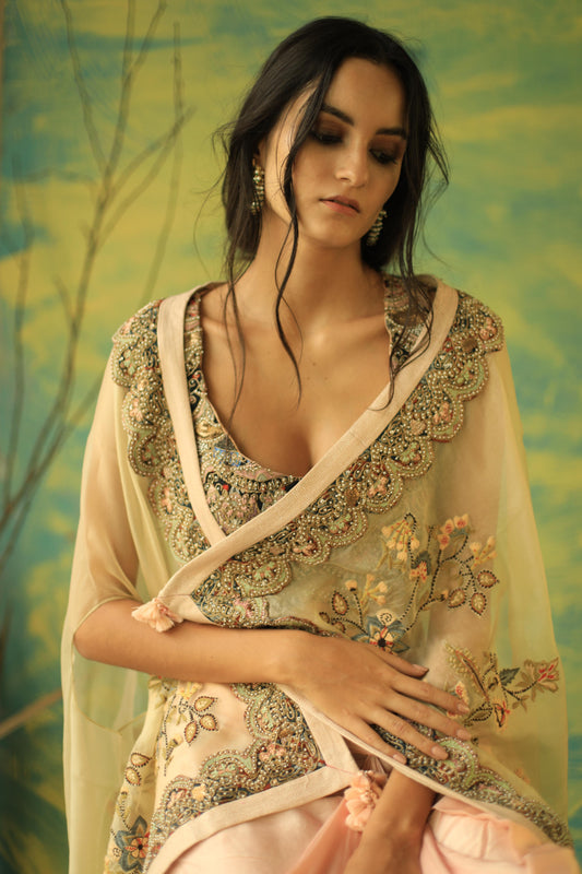 Baby-Pink Bhagwan Cape and Drape Skirt Set