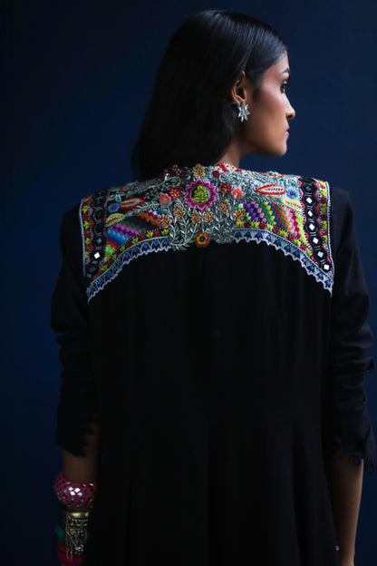 Black Boho Jacket and Ombre Dhoti Skirt Set