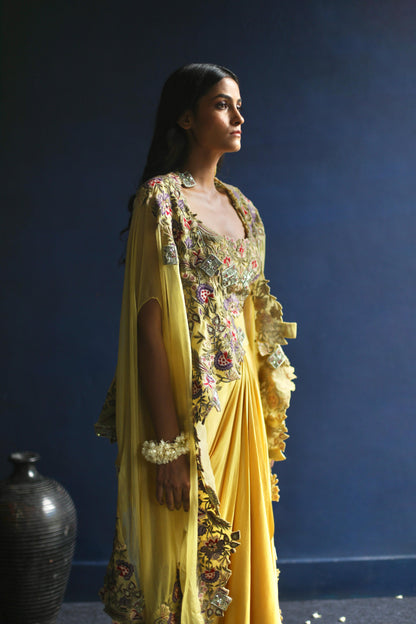 Sunshine Floral Cape and Dhoti Skirt Set