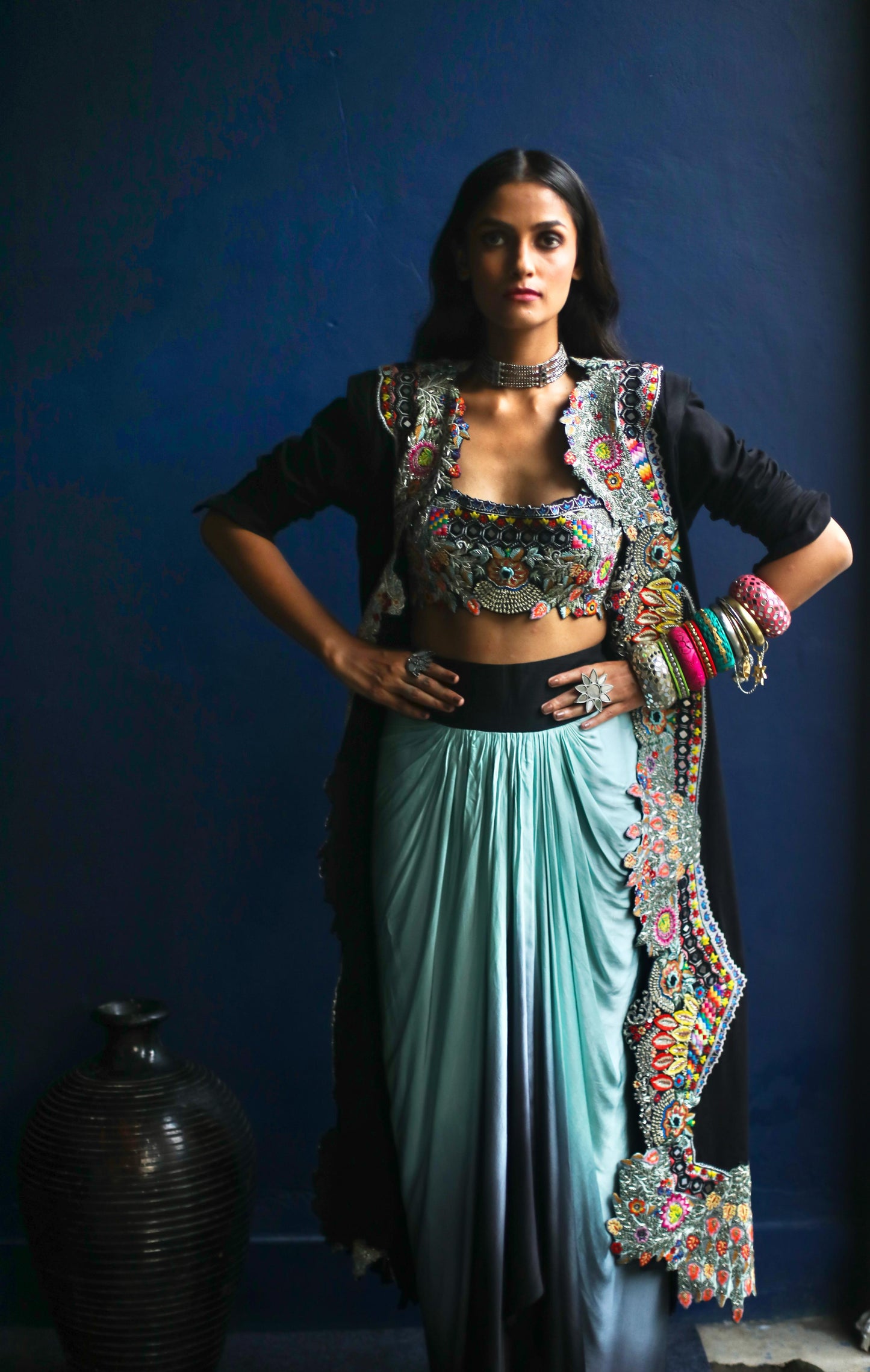 Black Boho Jacket and Ombre Dhoti Skirt Set
