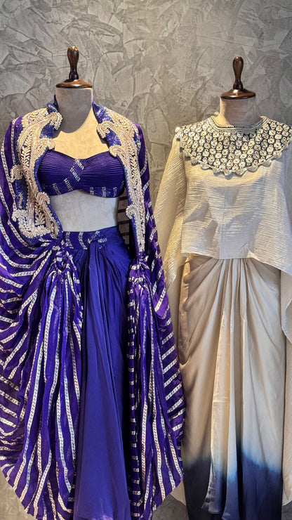 Indigo Empress Striped Purple Cape Set , with Blouse and Draped Dhoti skirt