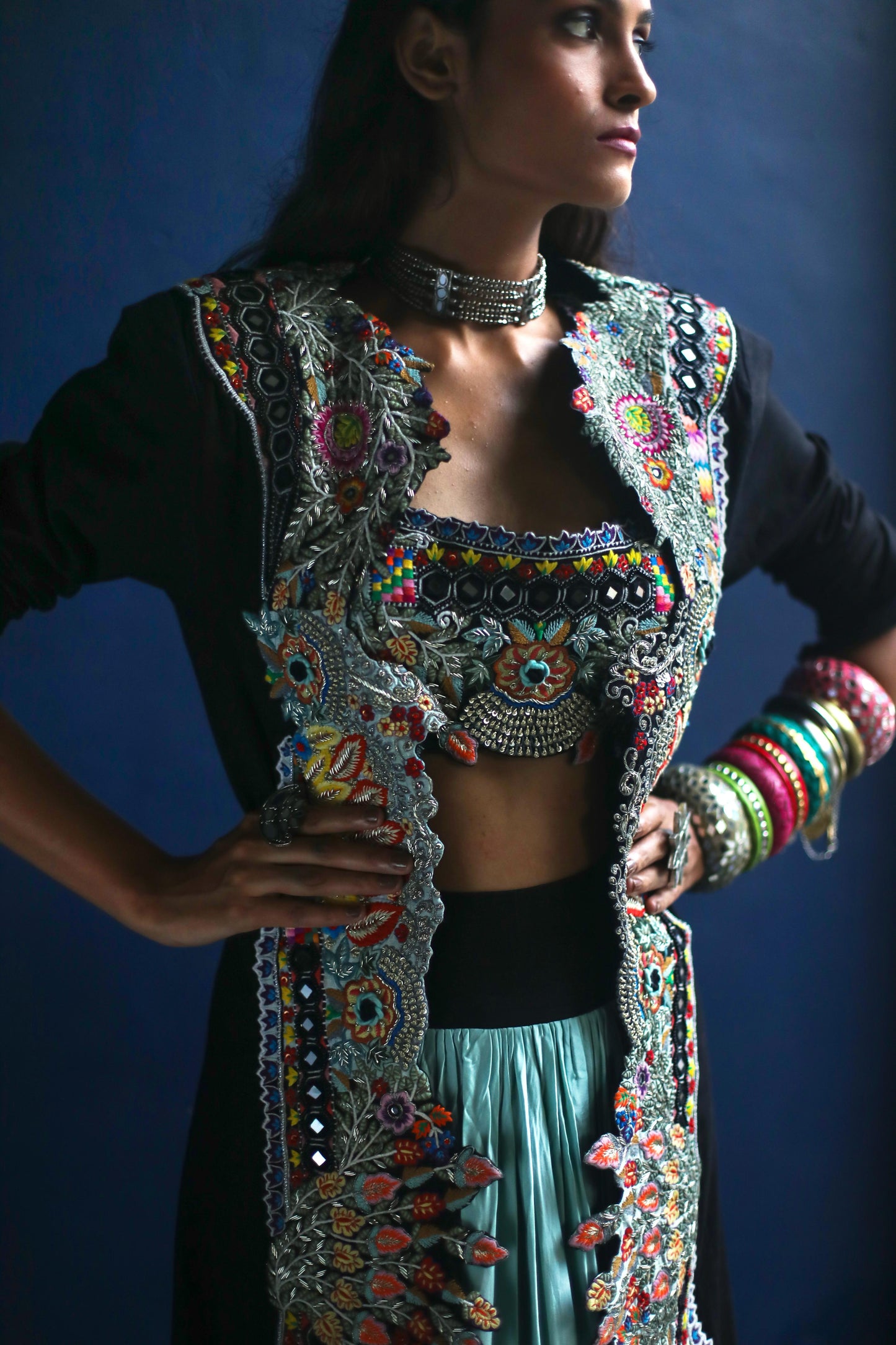 Black Boho Jacket and Ombre Dhoti Skirt Set