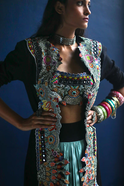 Black Boho Jacket and Ombre Dhoti Skirt Set