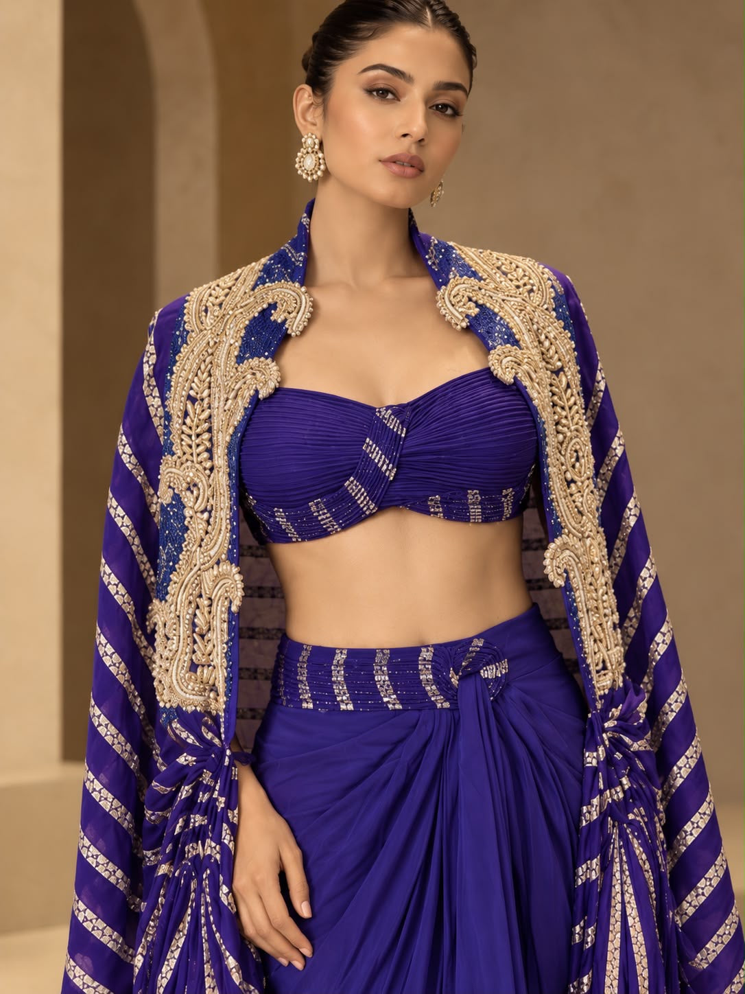 Indigo Empress Striped Purple Cape Set , with Blouse and Draped Dhoti skirt