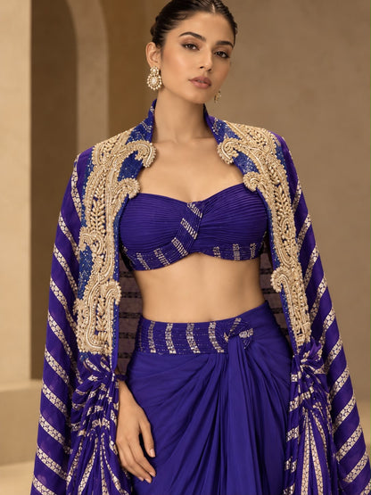 Indigo Empress Striped Purple Cape Set , with Blouse and Draped Dhoti skirt