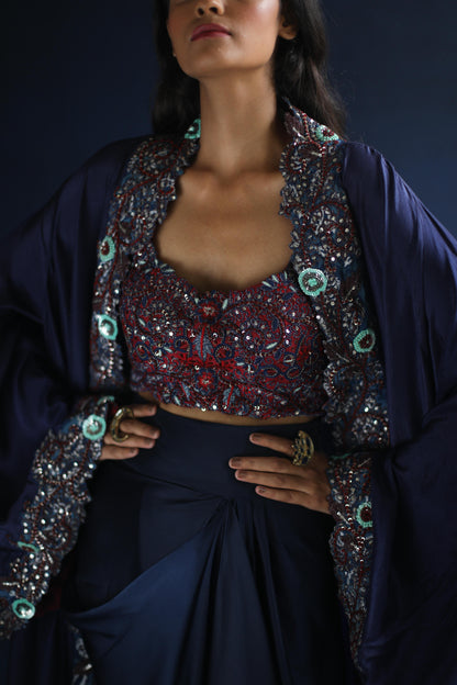 Navy Abaya Cape and Drape Skirt Set