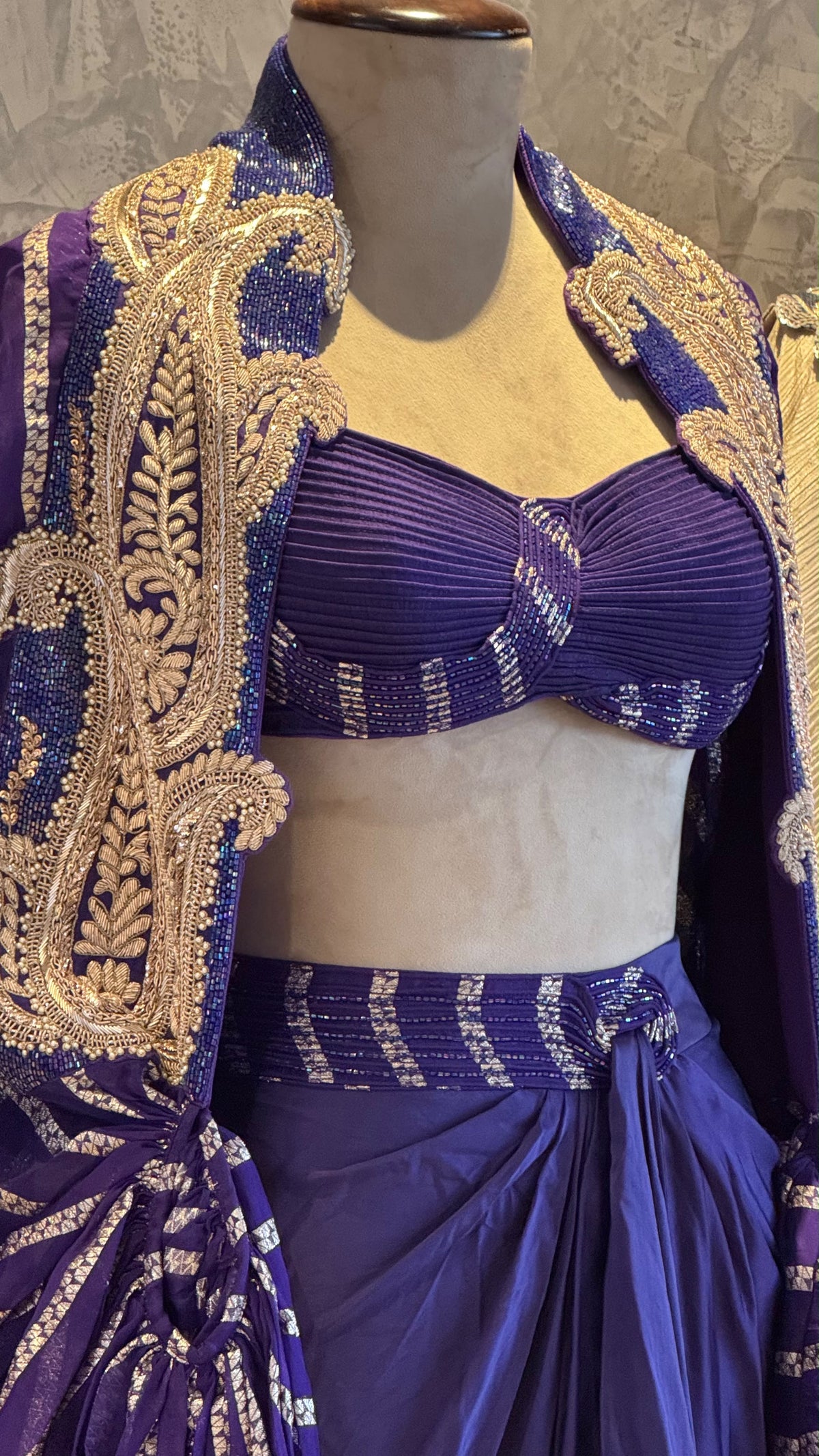 Indigo Empress Striped Purple Cape Set , with Blouse and Draped Dhoti skirt