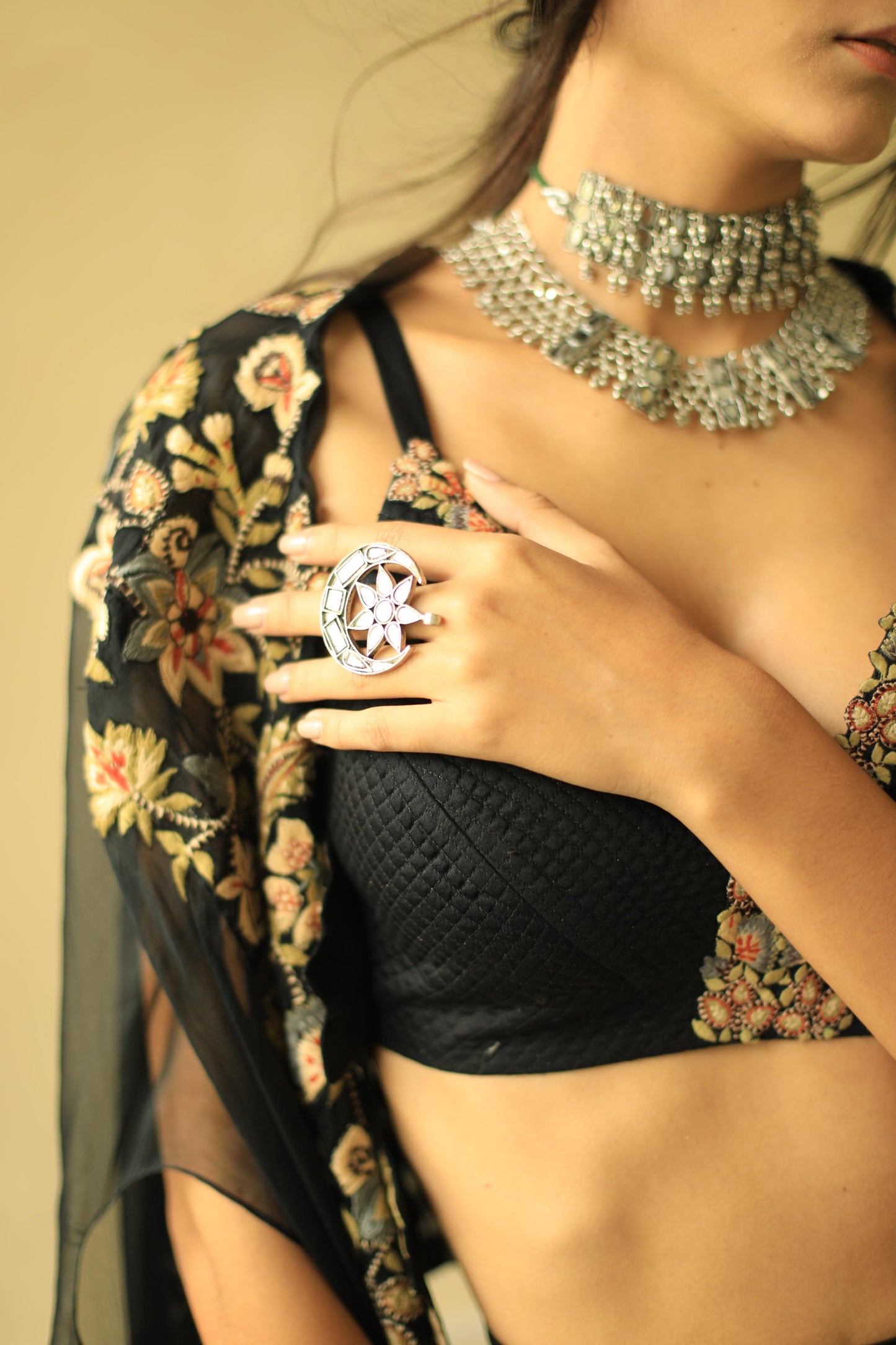 Black Floral Cape and Drape Skirt Set