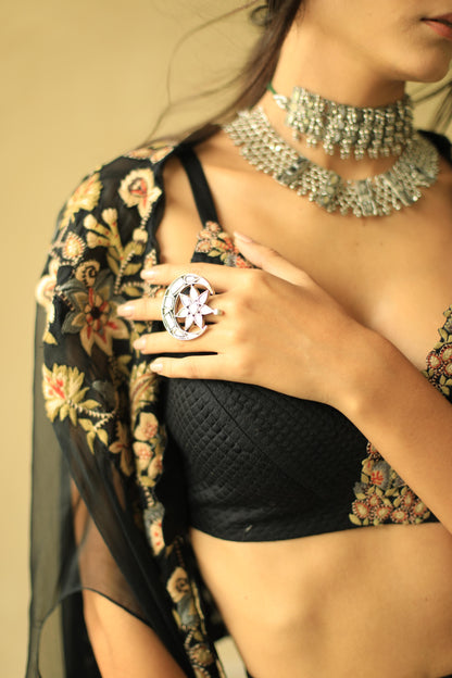 Black Floral Cape and Drape Skirt Set