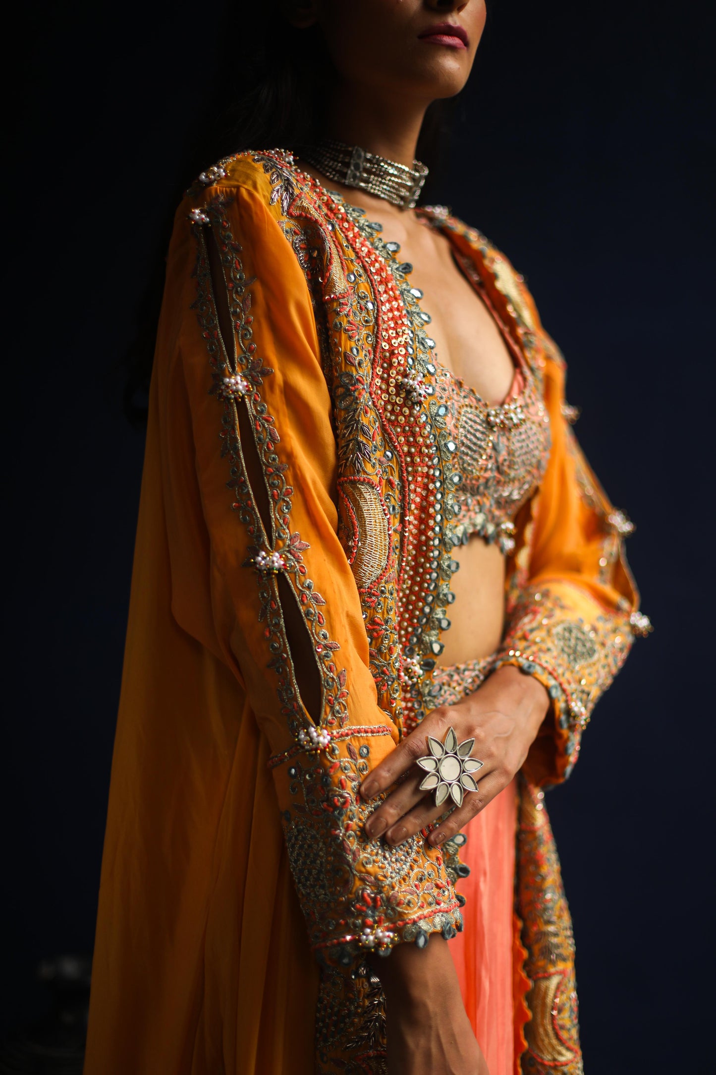 Apricot Paisley Jacket and Peach Lehenga Set