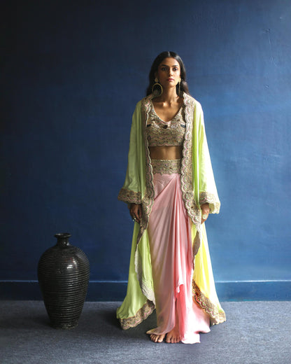 Neon-Green Floral Cape and Pink Dhoti Skirt Set