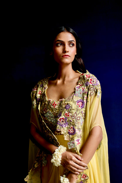 Sunshine Floral Cape and Dhoti Skirt Set