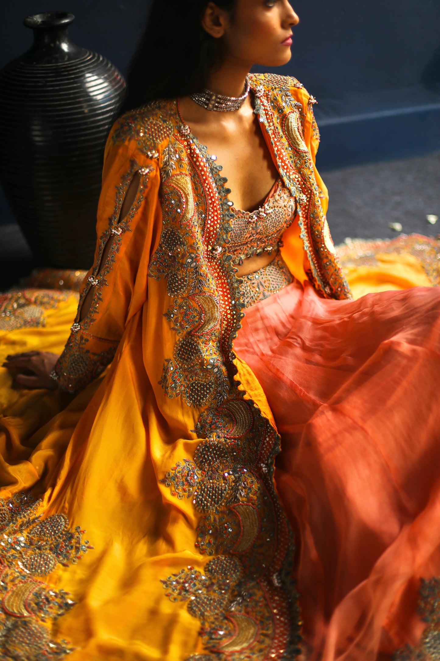 Apricot Paisley Jacket and Peach Lehenga Set