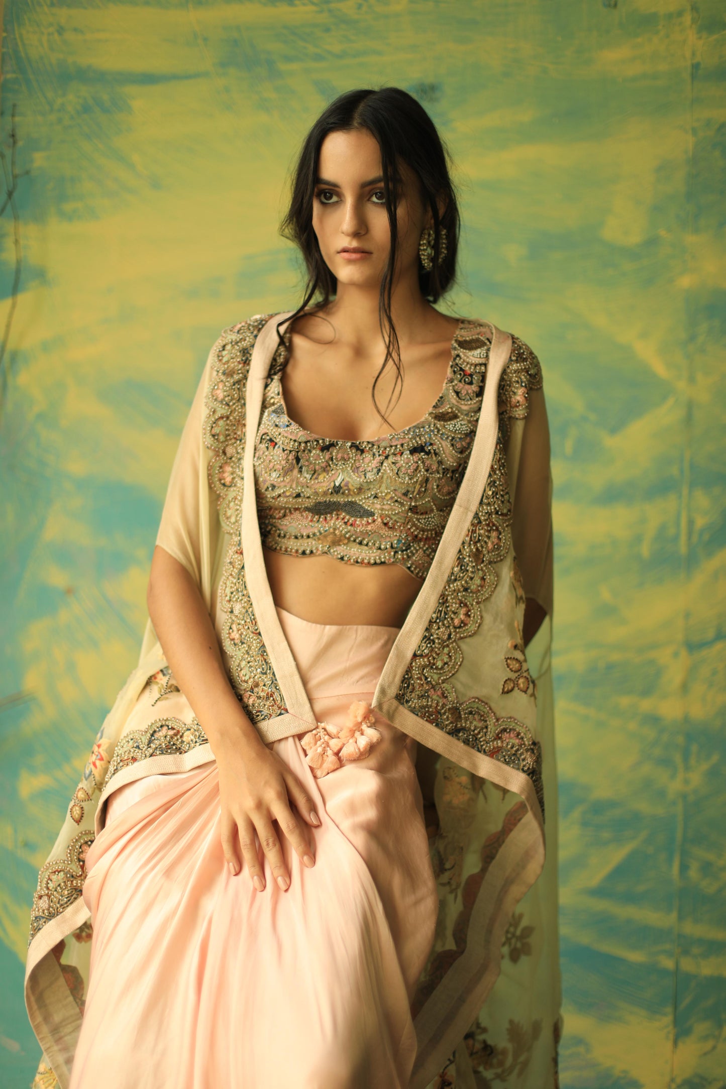 Baby-Pink Bhagwan Cape and Drape Skirt Set