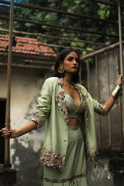 Dusty-Green Blazer and Sharara Pants Set