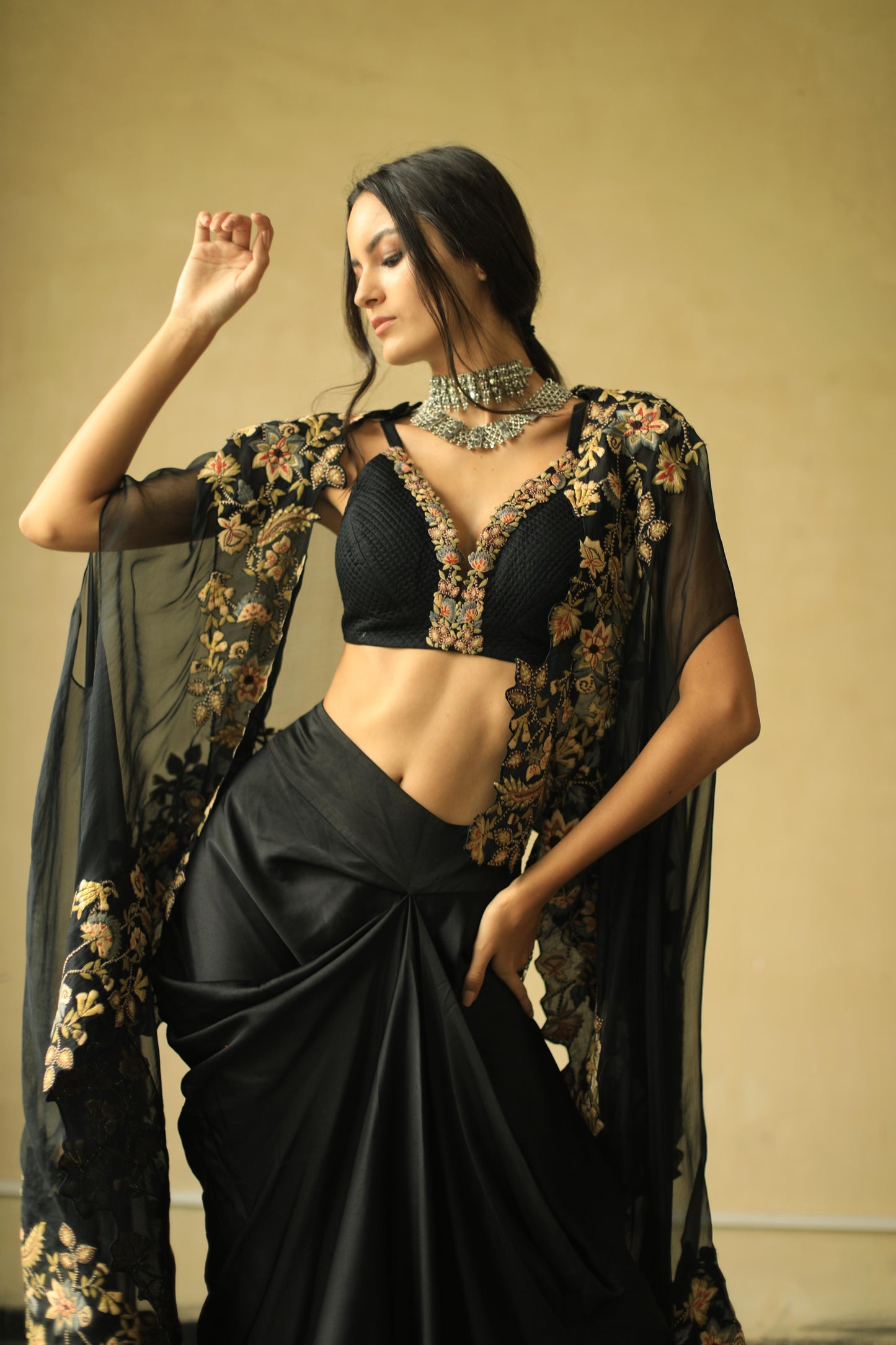 Black Floral Cape and Drape Skirt Set