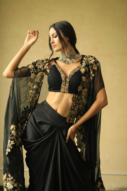 Black Floral Cape and Drape Skirt Set