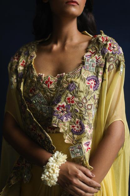 Sunshine Floral Cape and Dhoti Skirt Set